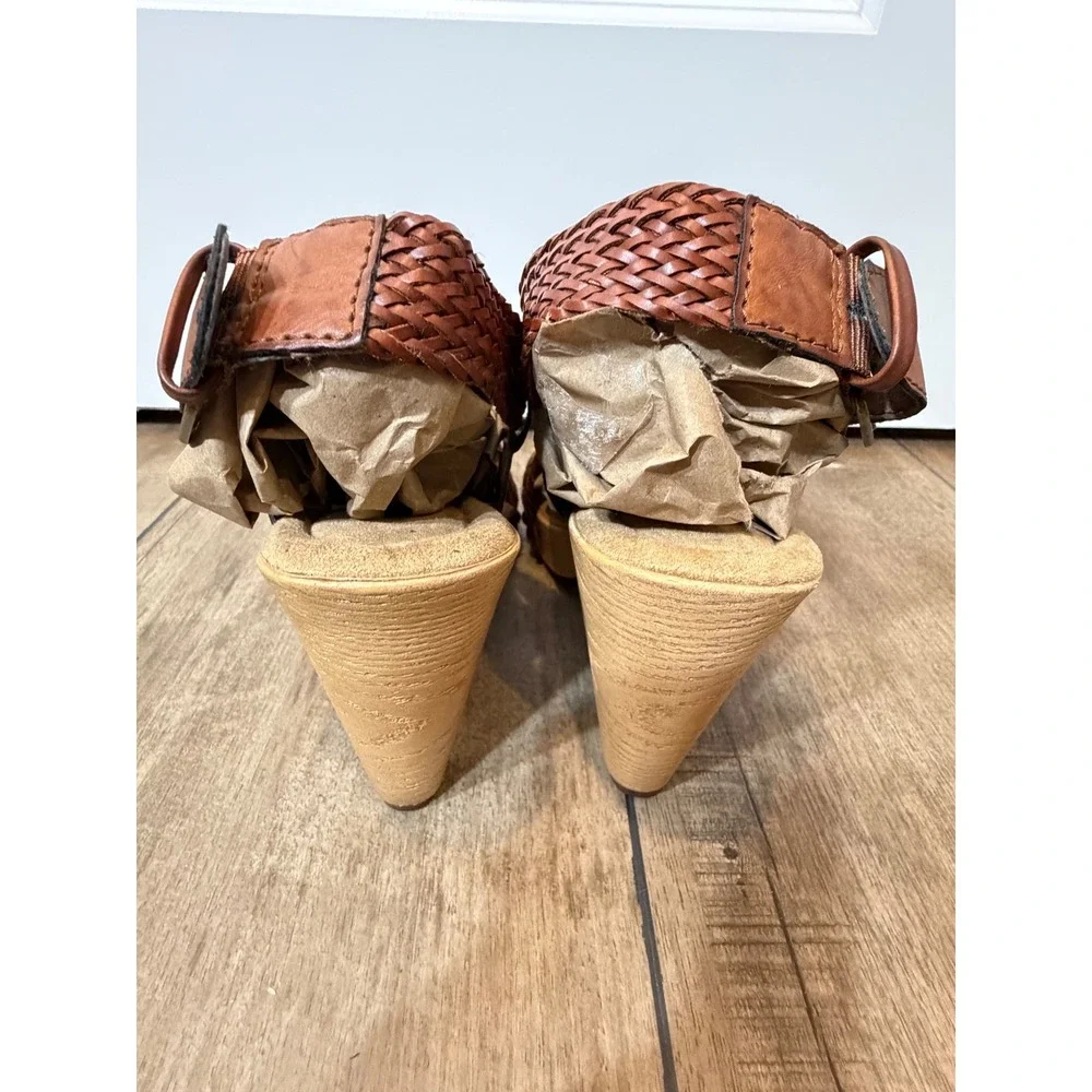 GH Bass Sadie Woven Leather Wood Platform Sandals Brown boho strap's braided